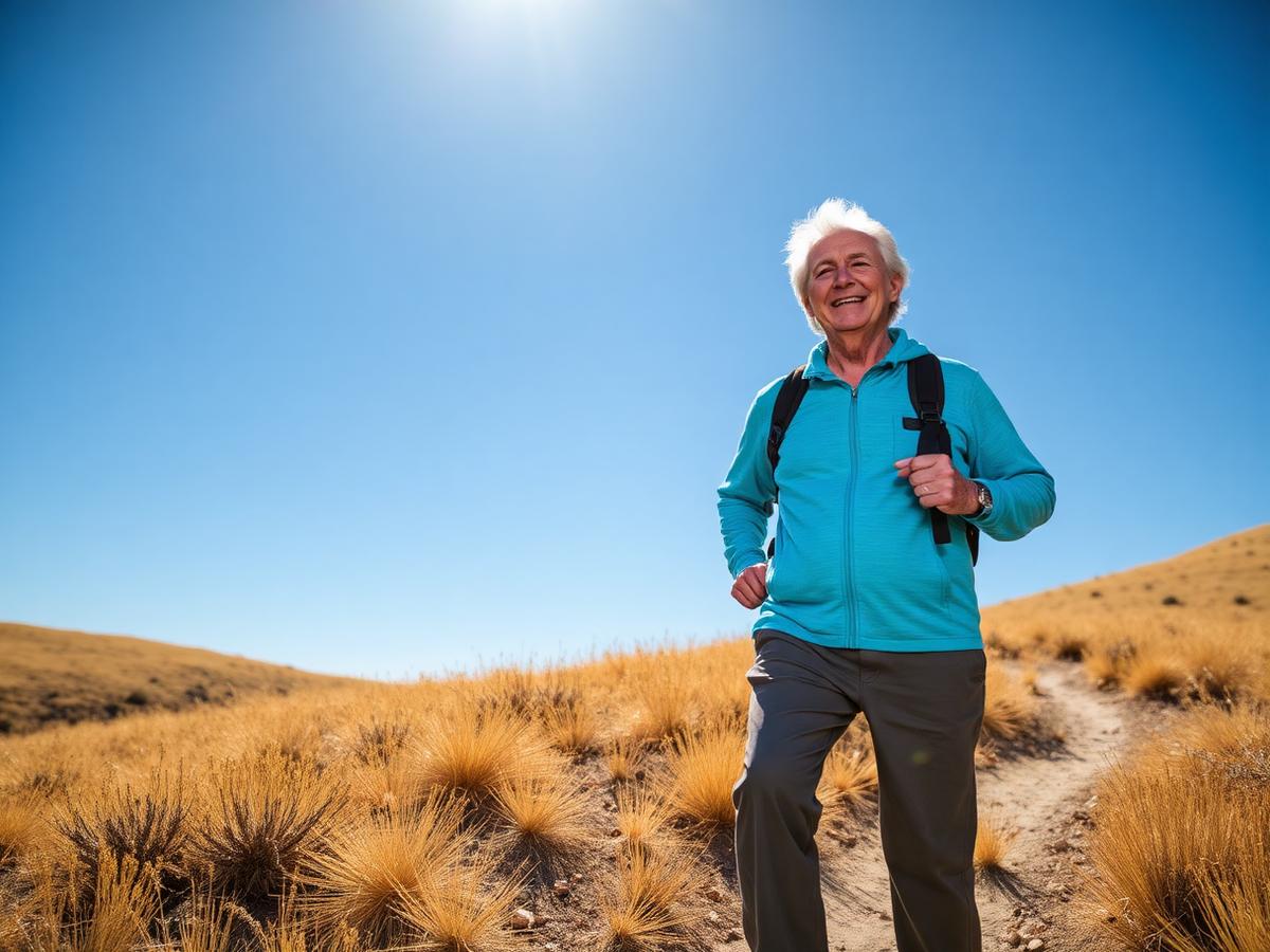 An active adult hiking a sunny trail in the Idaho foothills